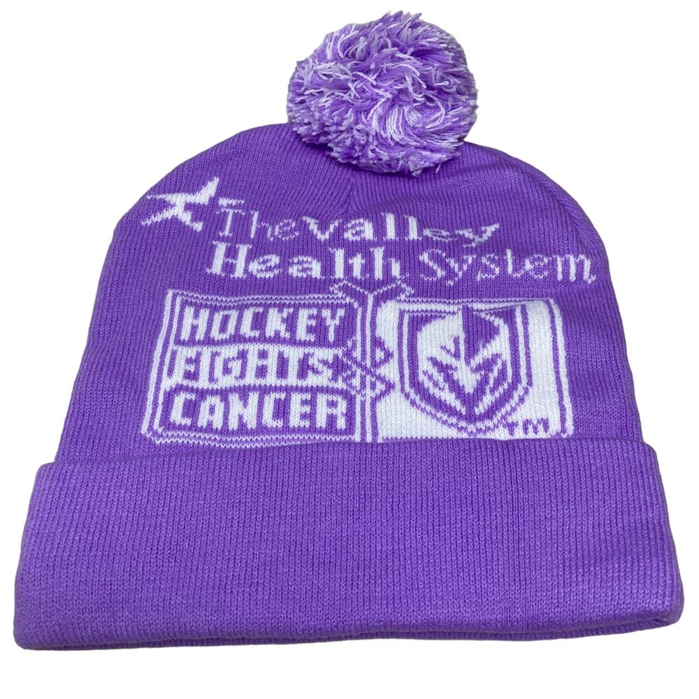 Vegas Golden Knights Pom Pom Hat Hockey Fights Cancer Purple White Spellout New
